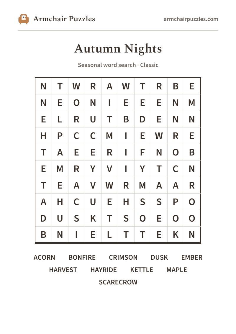 The printable Autumn Nights word search sheet
