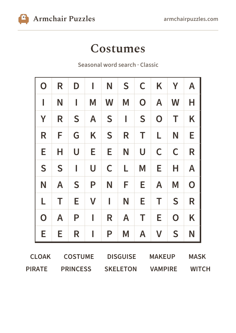 The printable Costumes word search sheet