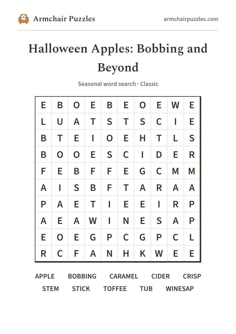 The printable Halloween Apples: Bobbing and Beyond word search sheet in large print