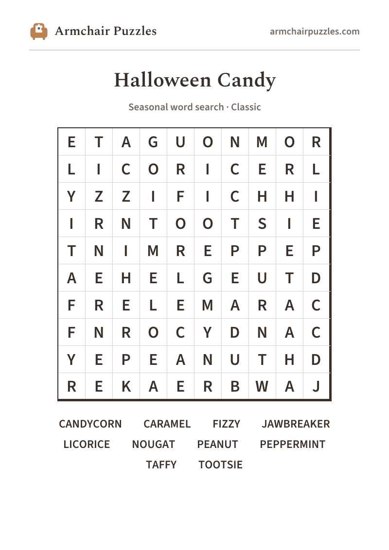 The printable Halloween Candy word search sheet