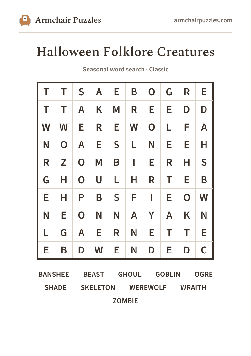 The printable Halloween Folklore Creatures word search sheet