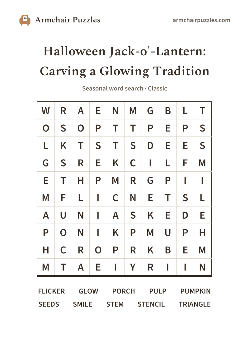 The printable Halloween Jack-o'-Lantern: Carving a Glowing Tradition word search sheet: large-print Classic grid with its word list