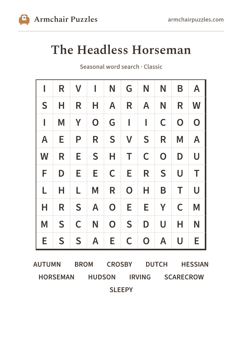 The printable The Headless Horseman word search sheet in large print