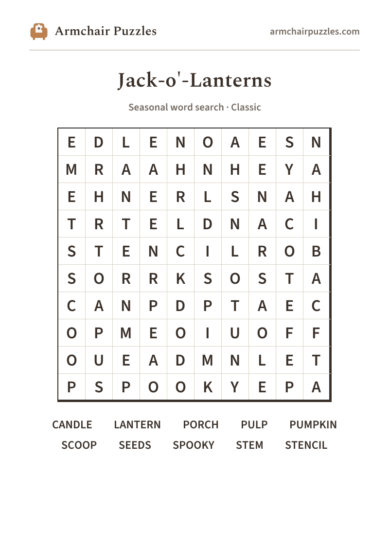 The printable Jack-o'-Lanterns word search sheet