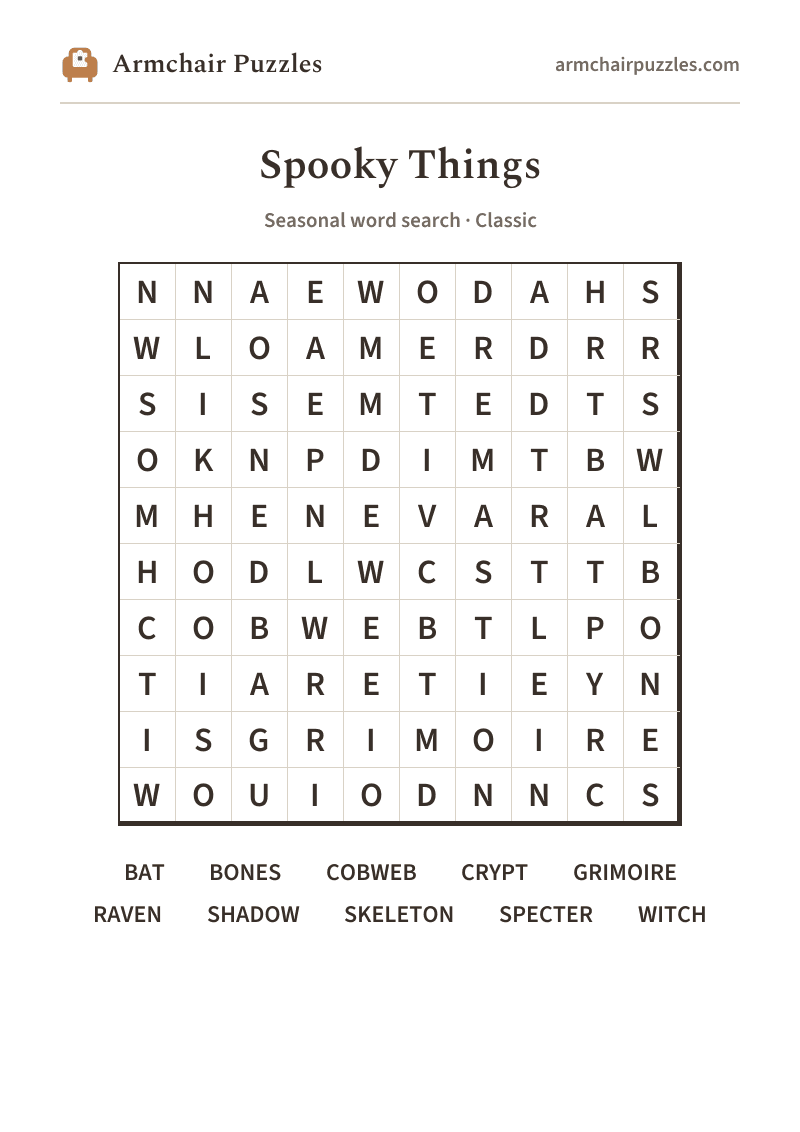 The printable Spooky Things word search sheet