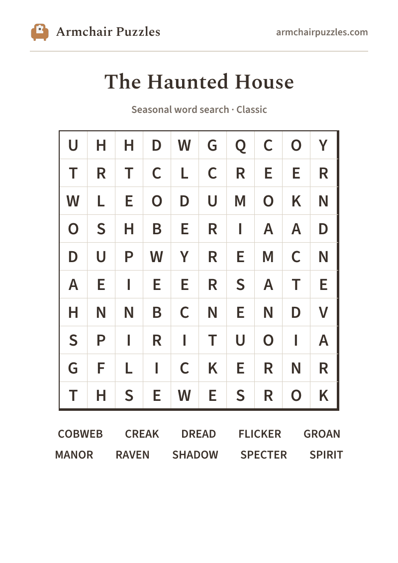 The printable The Haunted House word search sheet