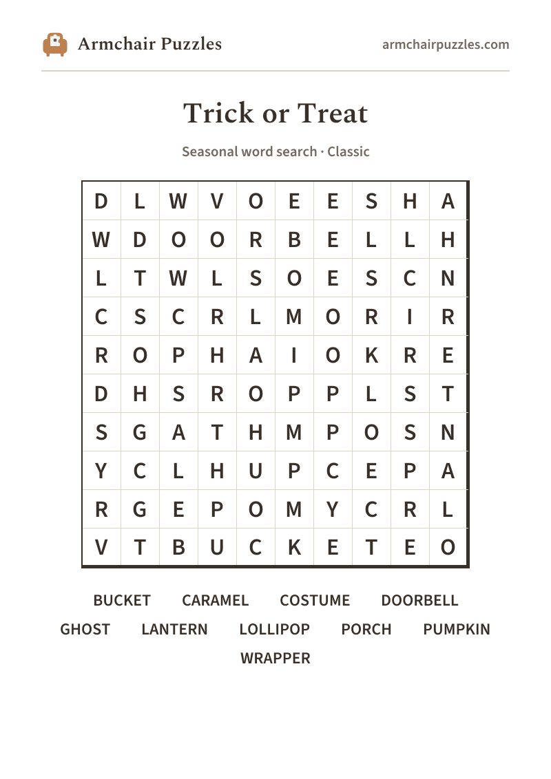 The printable Trick or Treat word search sheet