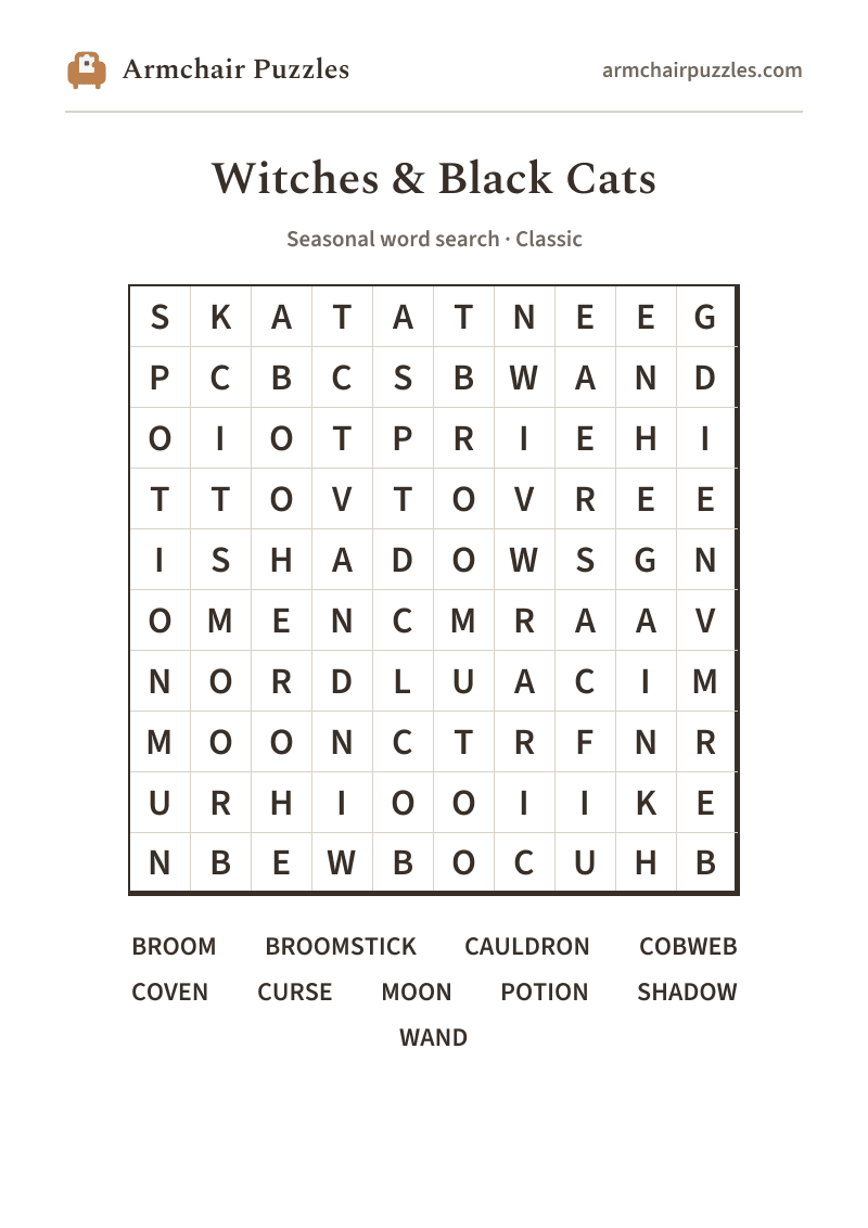 The printable Witches & Black Cats word search sheet
