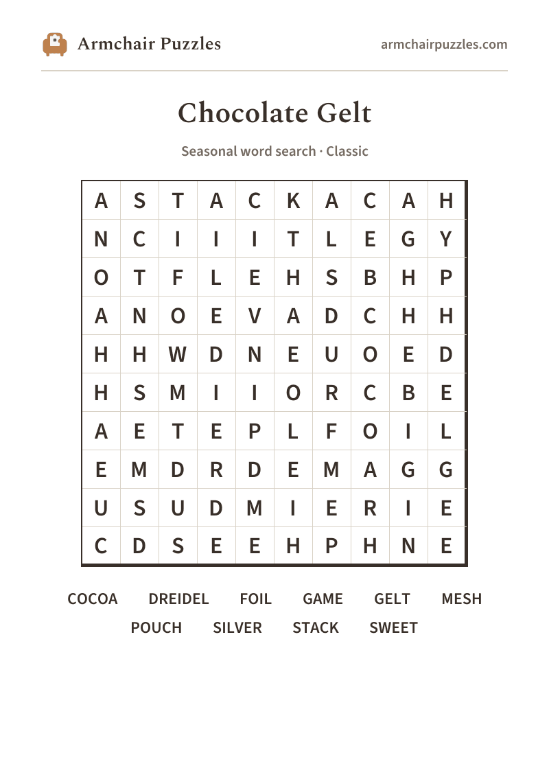 The printable Chocolate Gelt word search sheet: large-print Classic grid with its word list