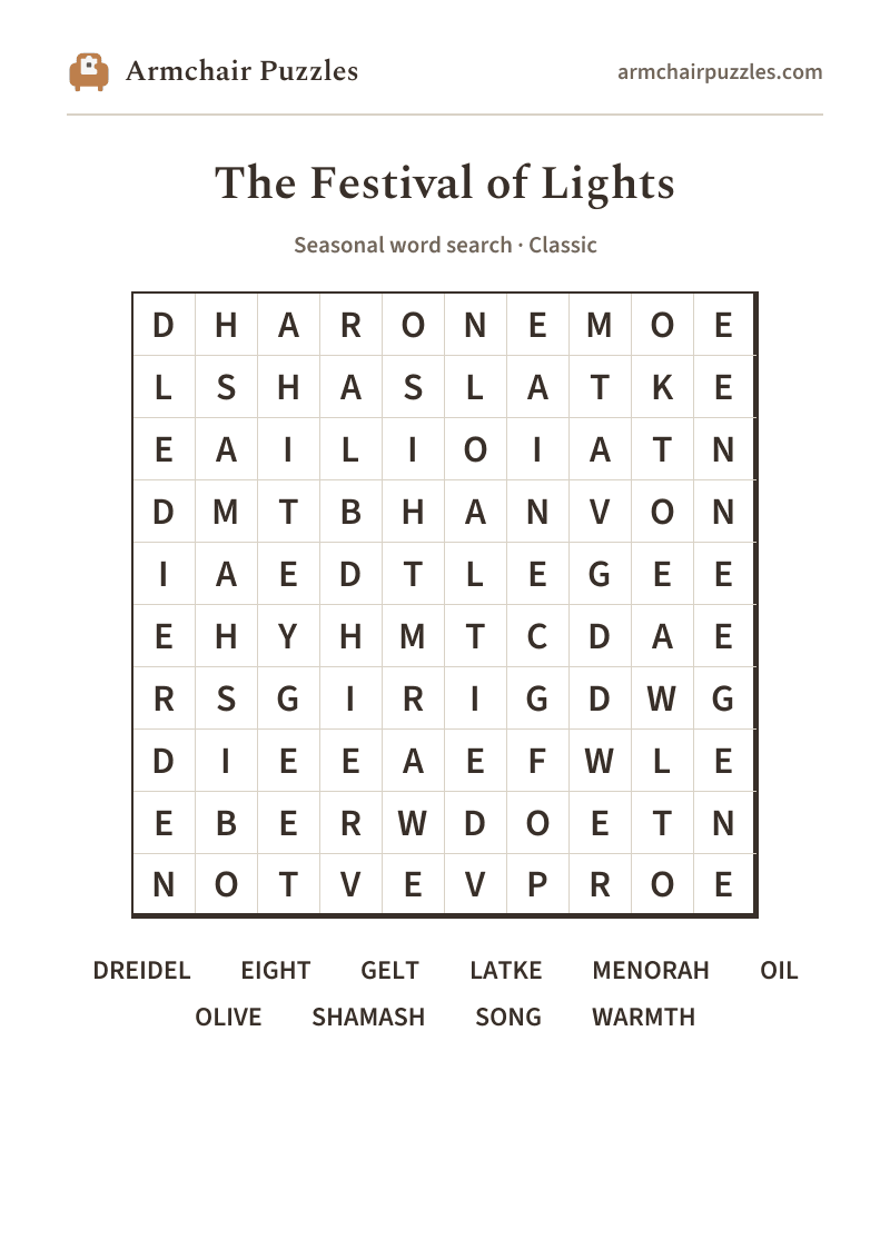 The printable The Festival of Lights word search sheet in large print
