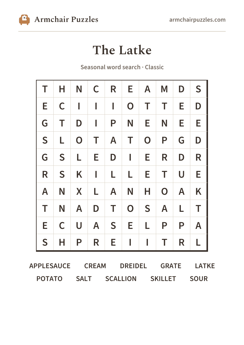 The printable The Latke word search sheet: large-print Classic grid with its word list