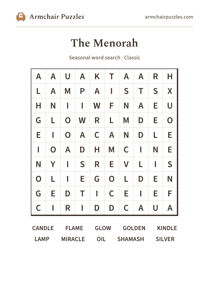 The printable The Menorah word search sheet