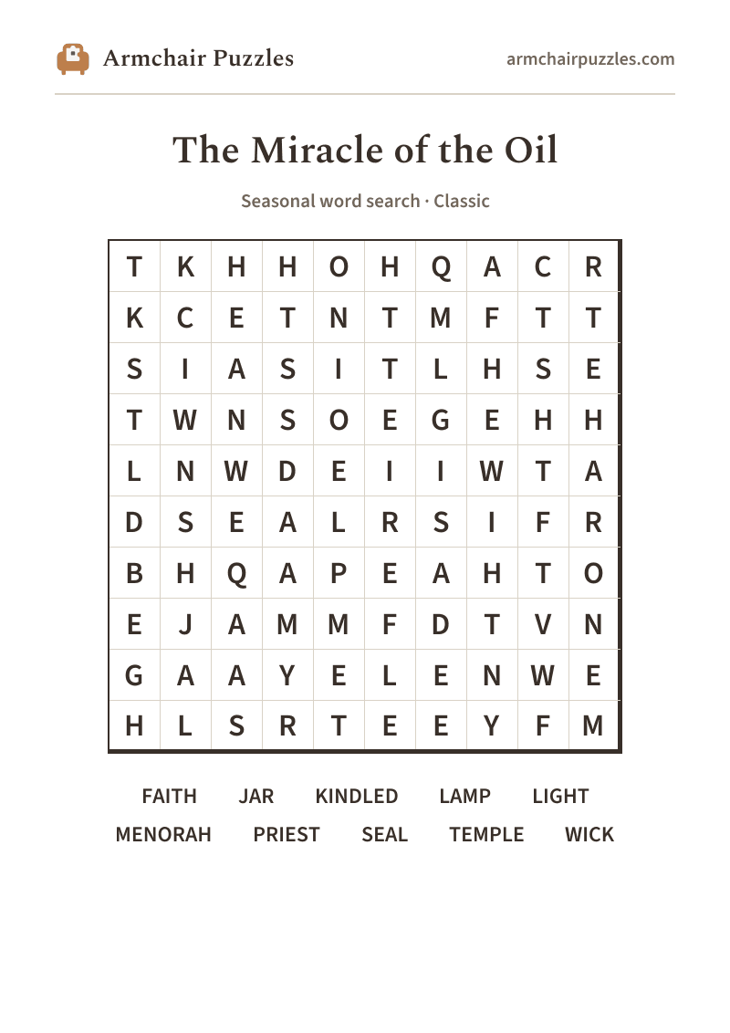The printable The Miracle of the Oil word search sheet in large print