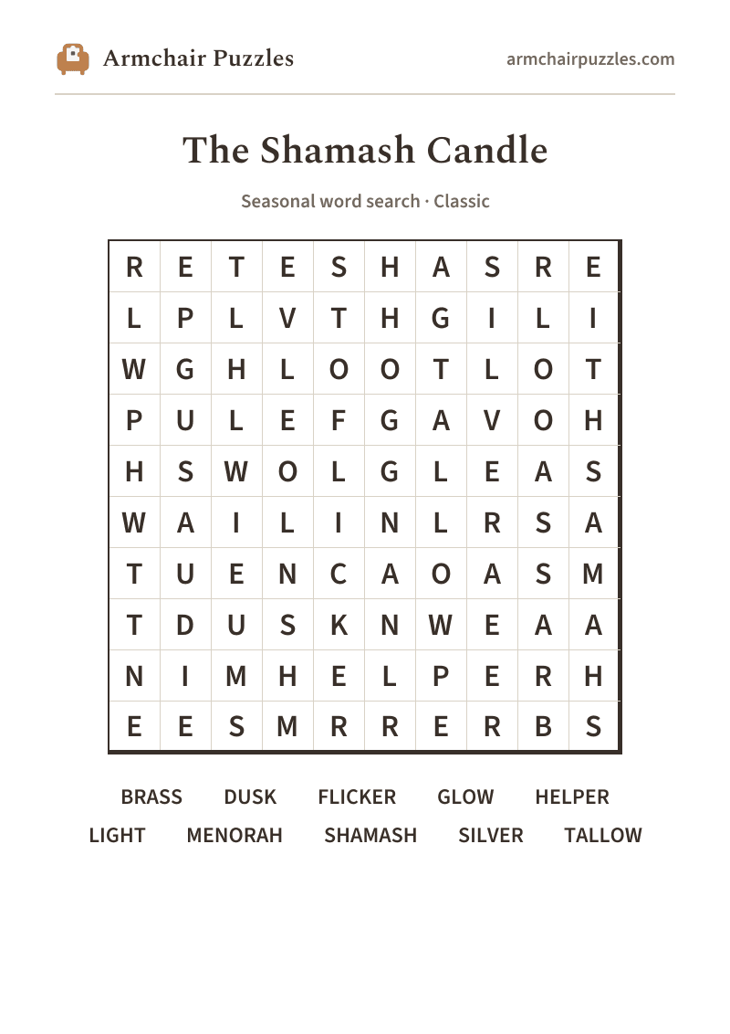 The printable The Shamash Candle word search sheet