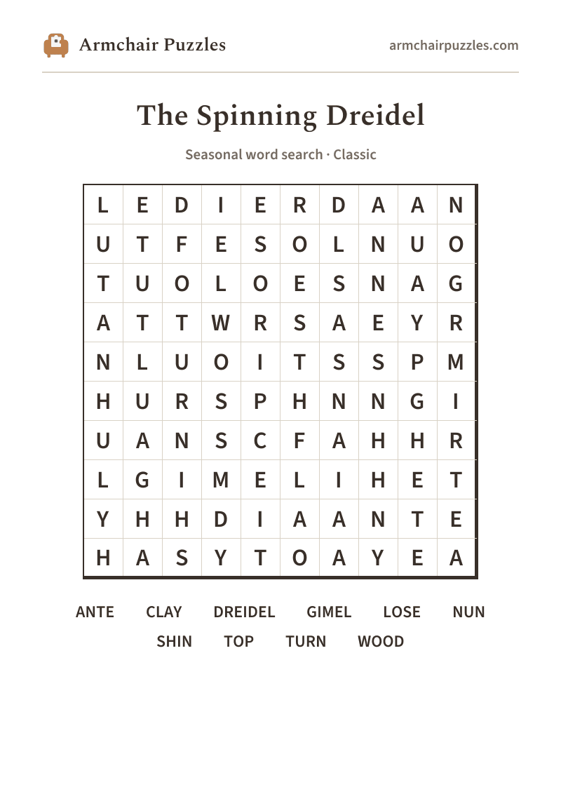 The printable The Spinning Dreidel word search sheet: large-print Classic grid with its word list