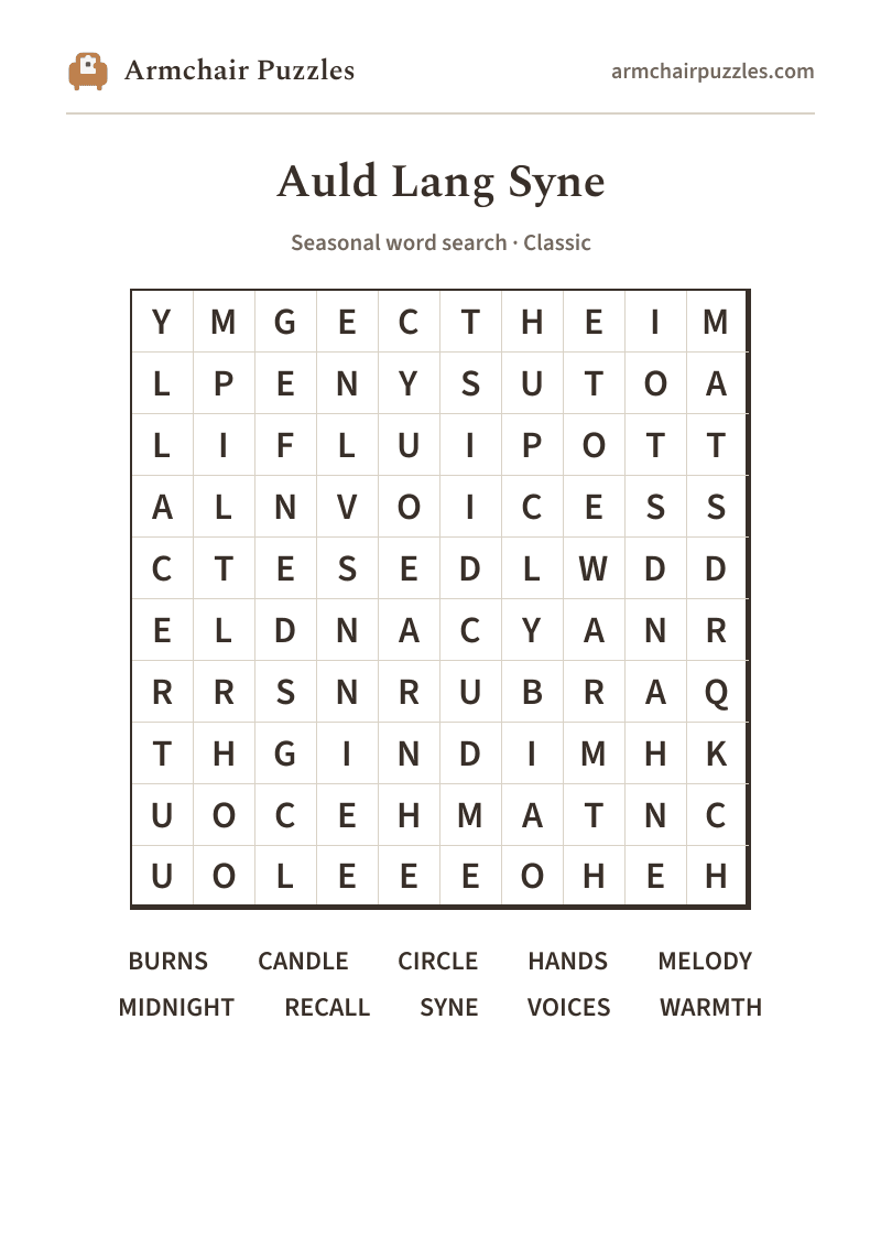 The printable Auld Lang Syne word search sheet