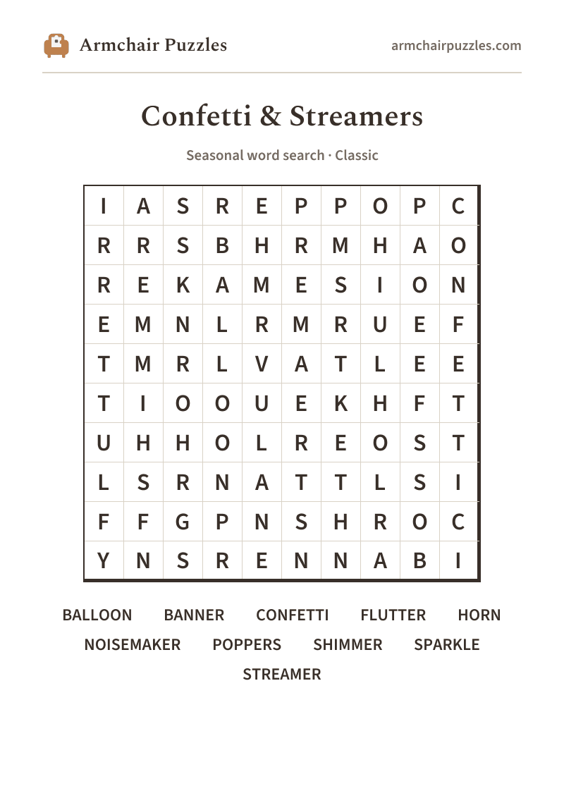 The printable Confetti & Streamers word search sheet