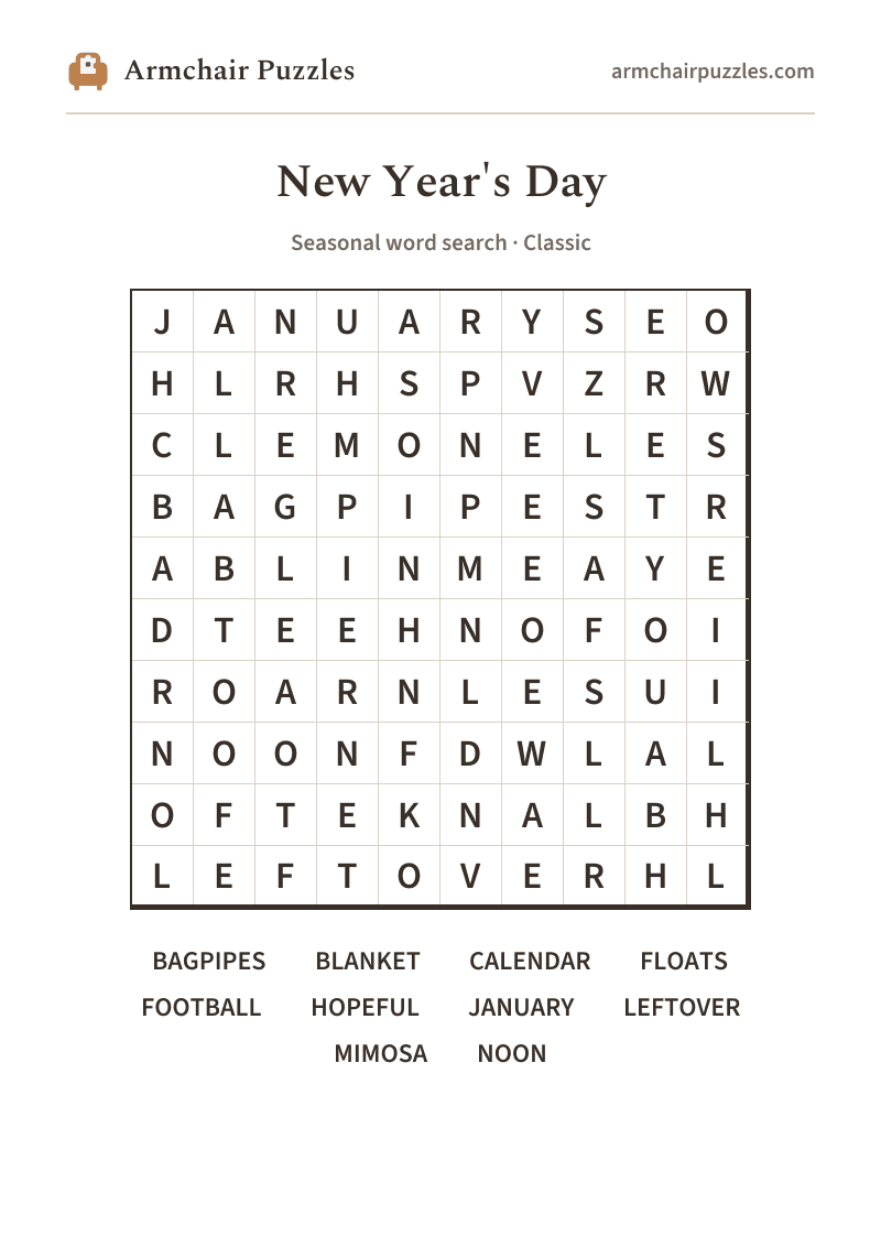 The printable New Year's Day word search sheet