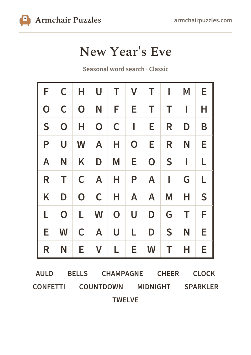 The printable New Year's Eve word search sheet