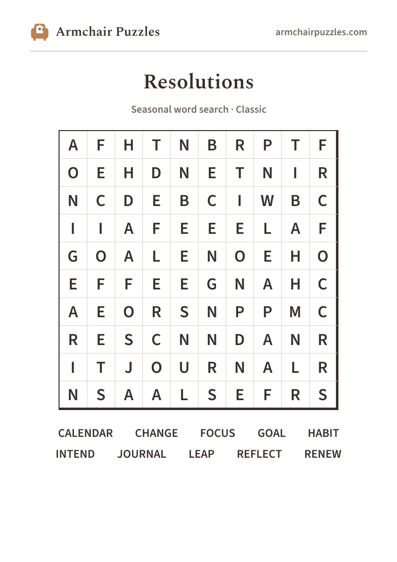 The printable Resolutions word search sheet