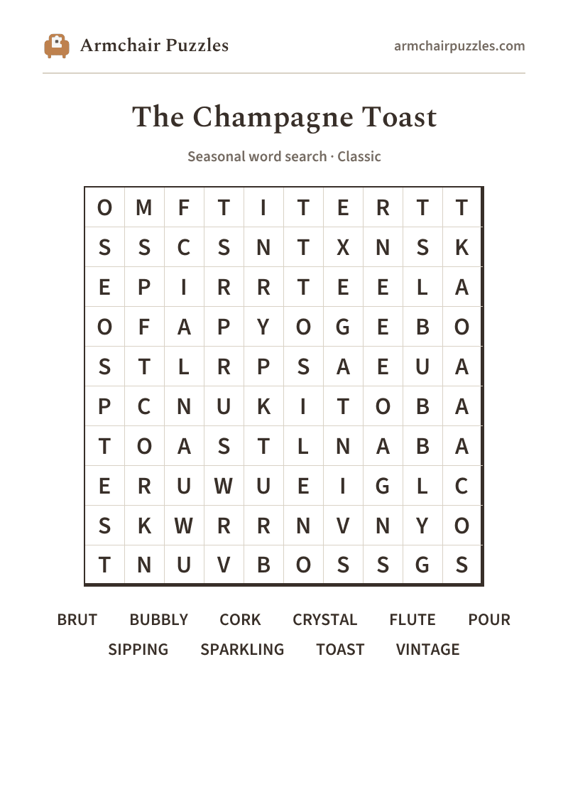 The printable The Champagne Toast word search sheet: large-print Classic grid with its word list
