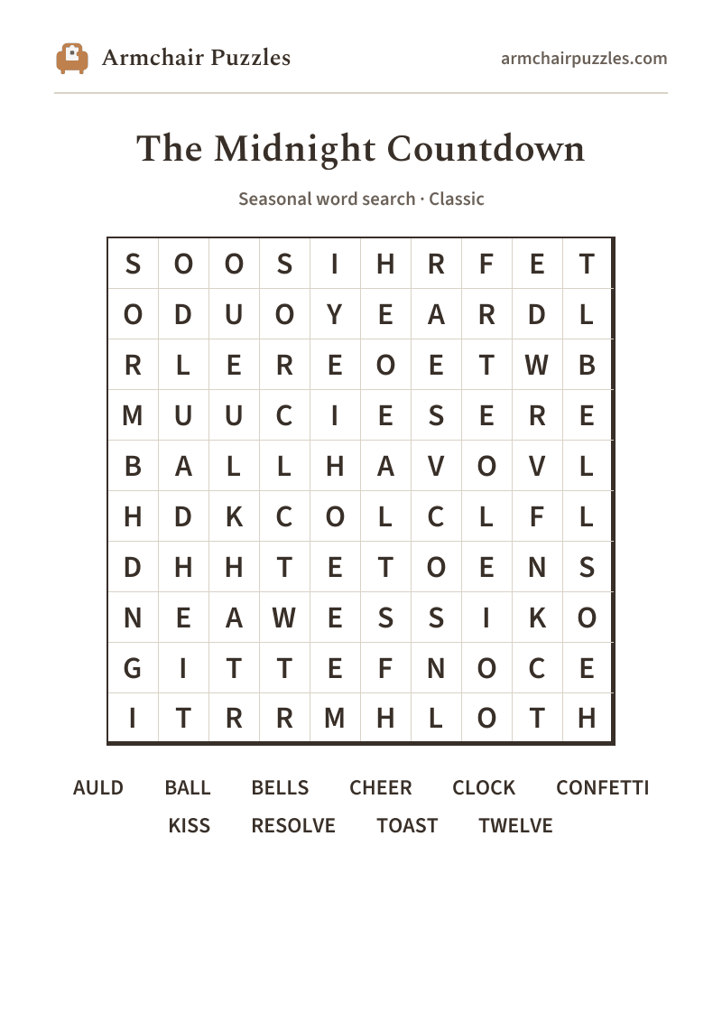 The printable The Midnight Countdown word search sheet