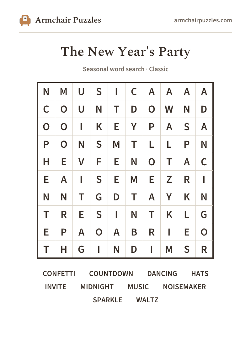 The printable The New Year's Party word search sheet