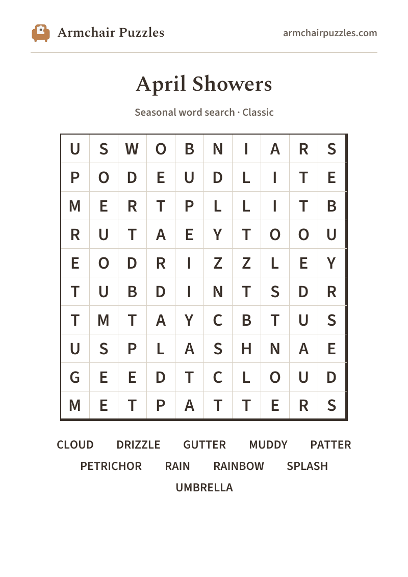 The printable April Showers word search sheet: large-print Classic grid with its word list