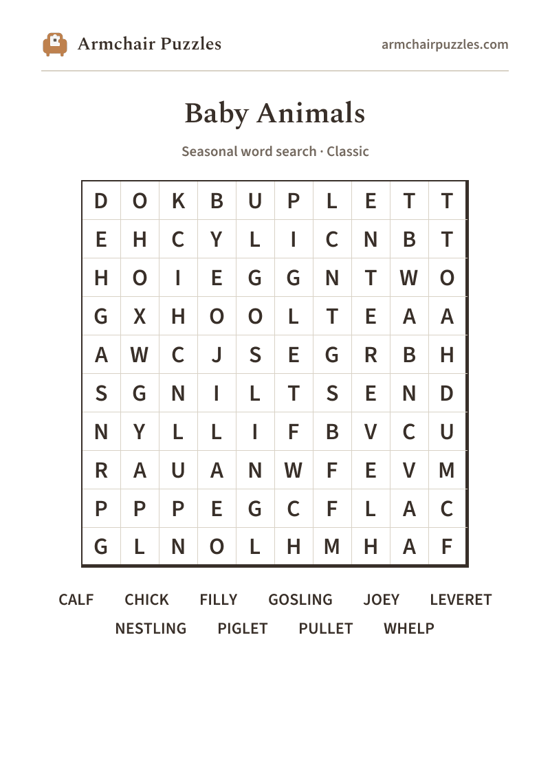 The printable Baby Animals word search sheet in large print