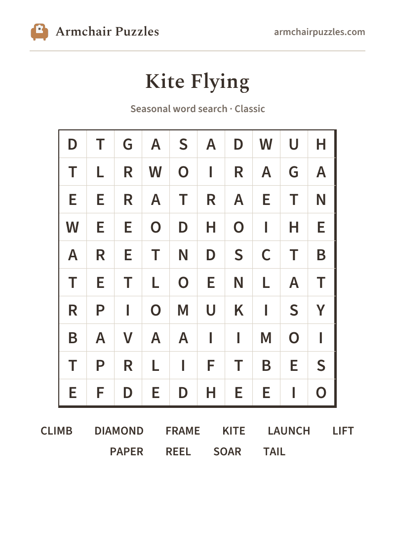 The printable Kite Flying word search sheet: large-print Classic grid with its word list