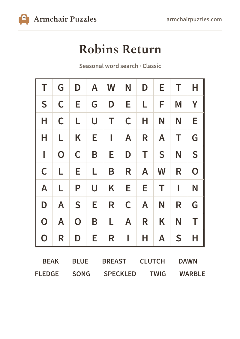 The printable Robins Return word search sheet in large print