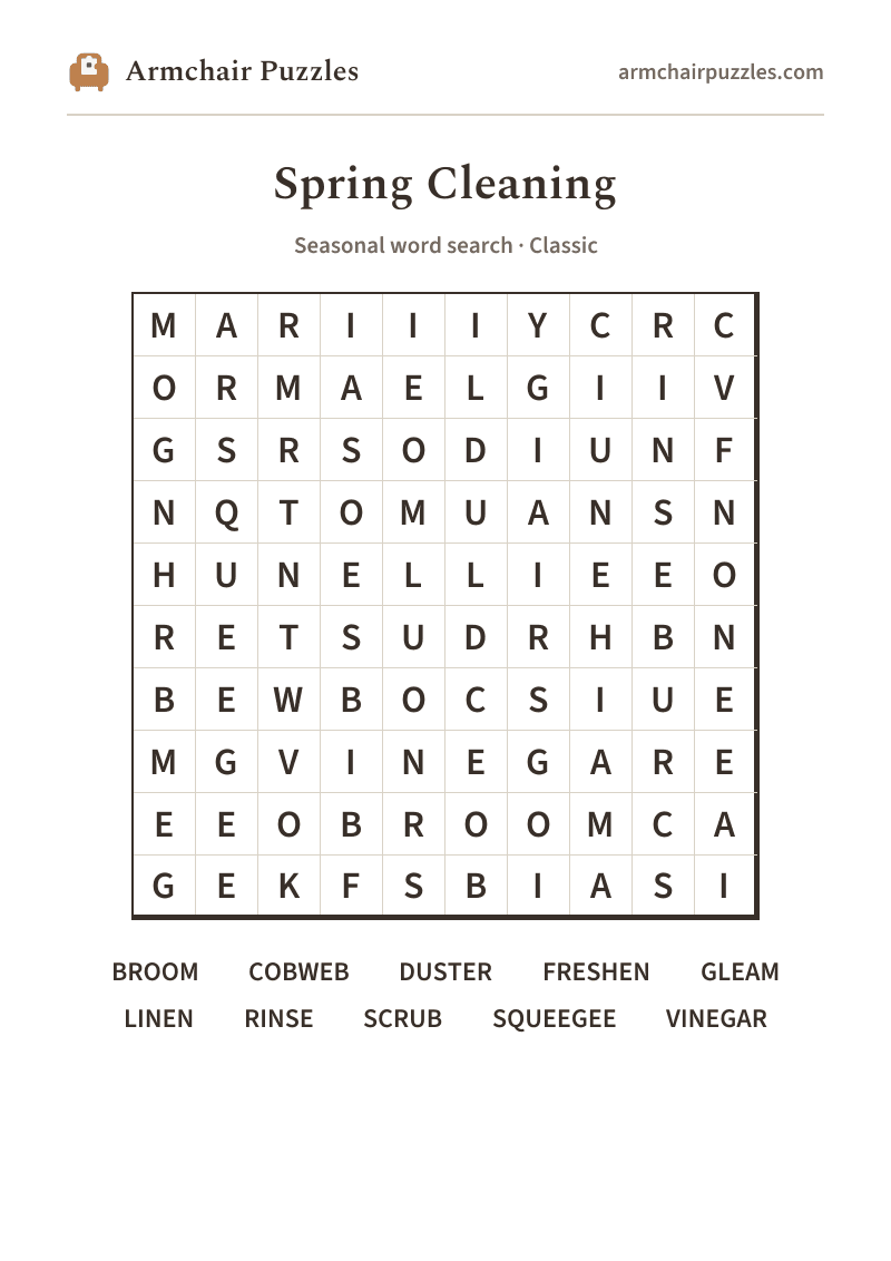 The printable Spring Cleaning word search sheet in large print