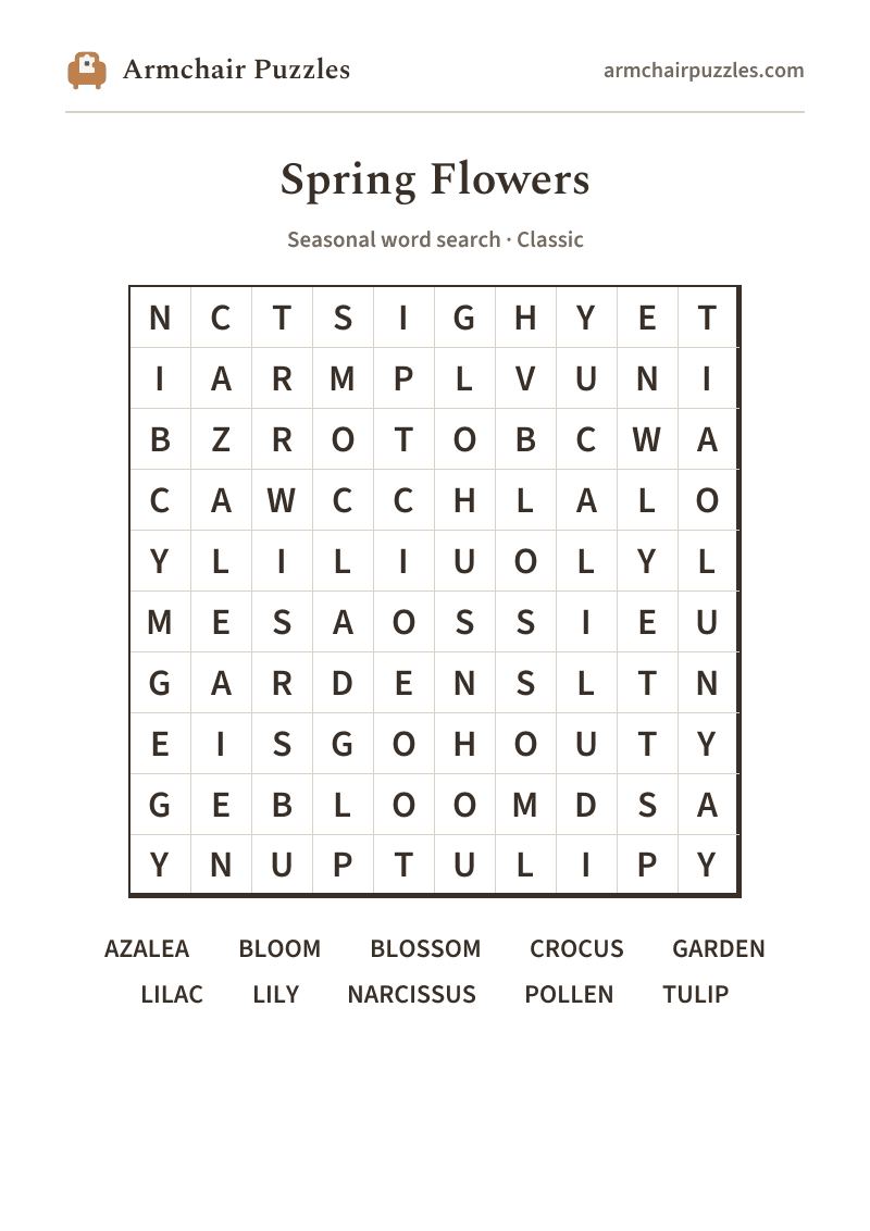 The printable Spring Flowers word search sheet: large-print Classic grid with its word list