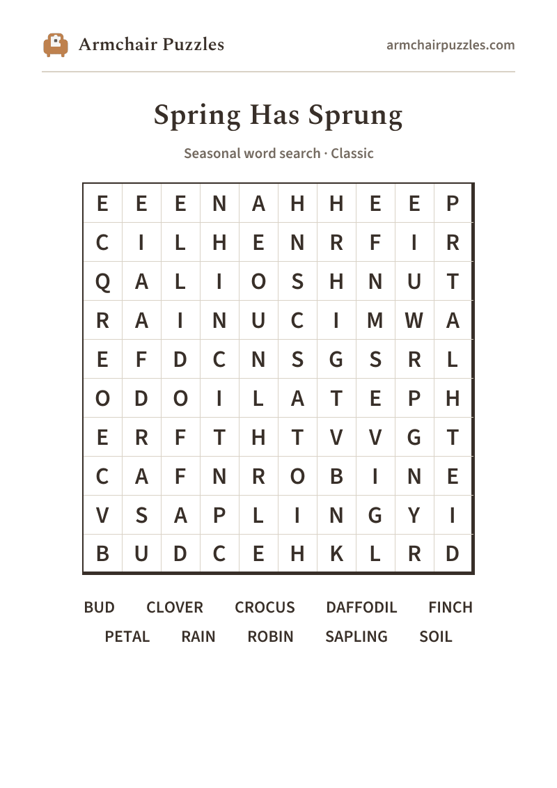 The printable Spring Has Sprung word search sheet in large print