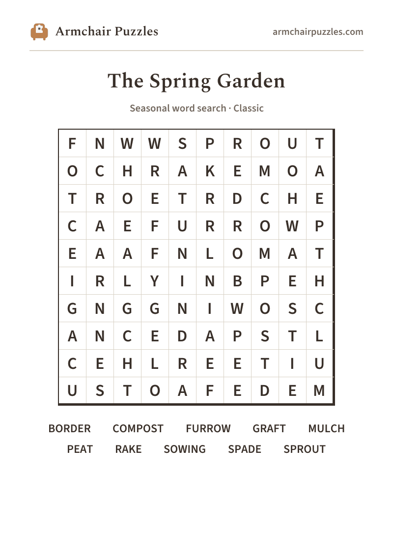 The printable The Spring Garden word search sheet in large print
