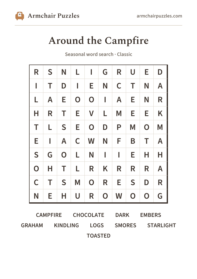 The printable Around the Campfire word search sheet