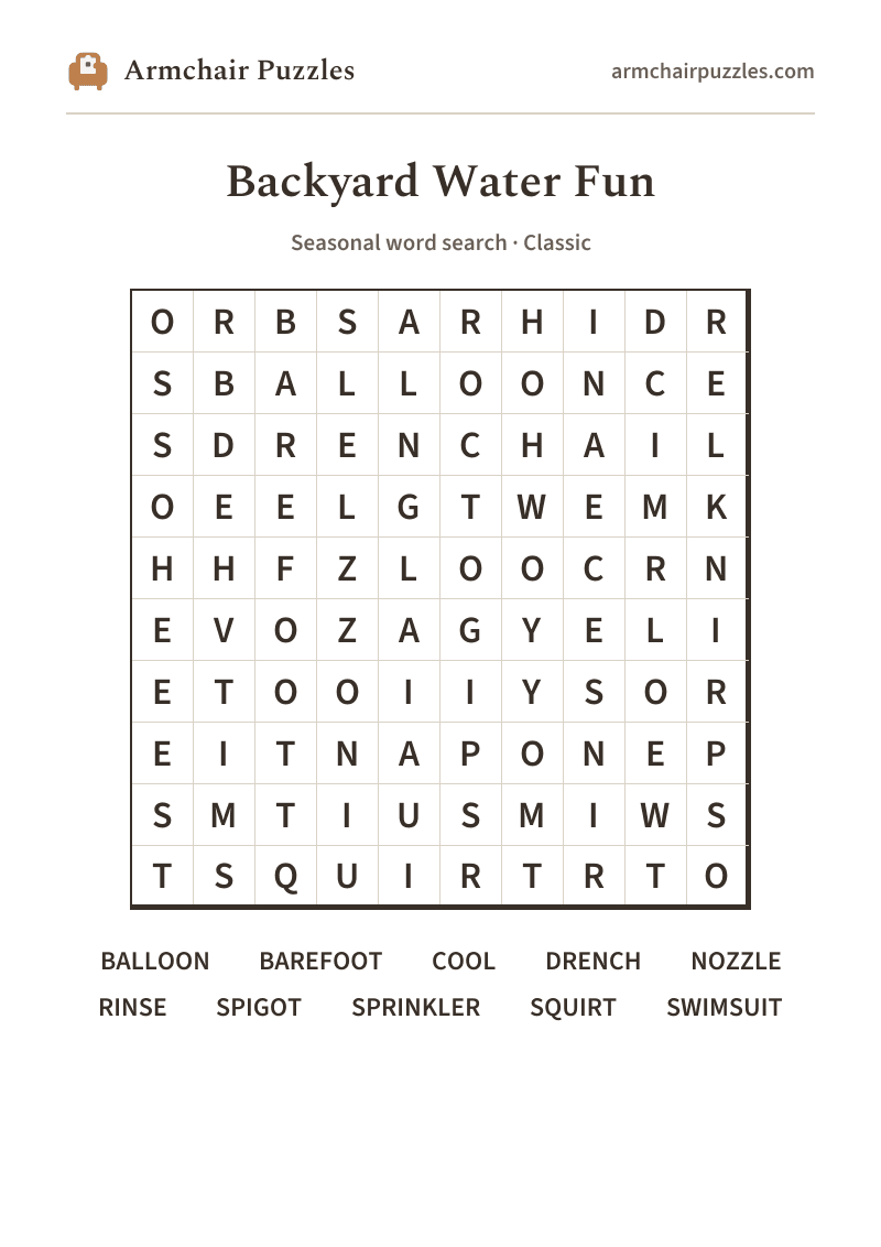 The printable Backyard Water Fun word search sheet