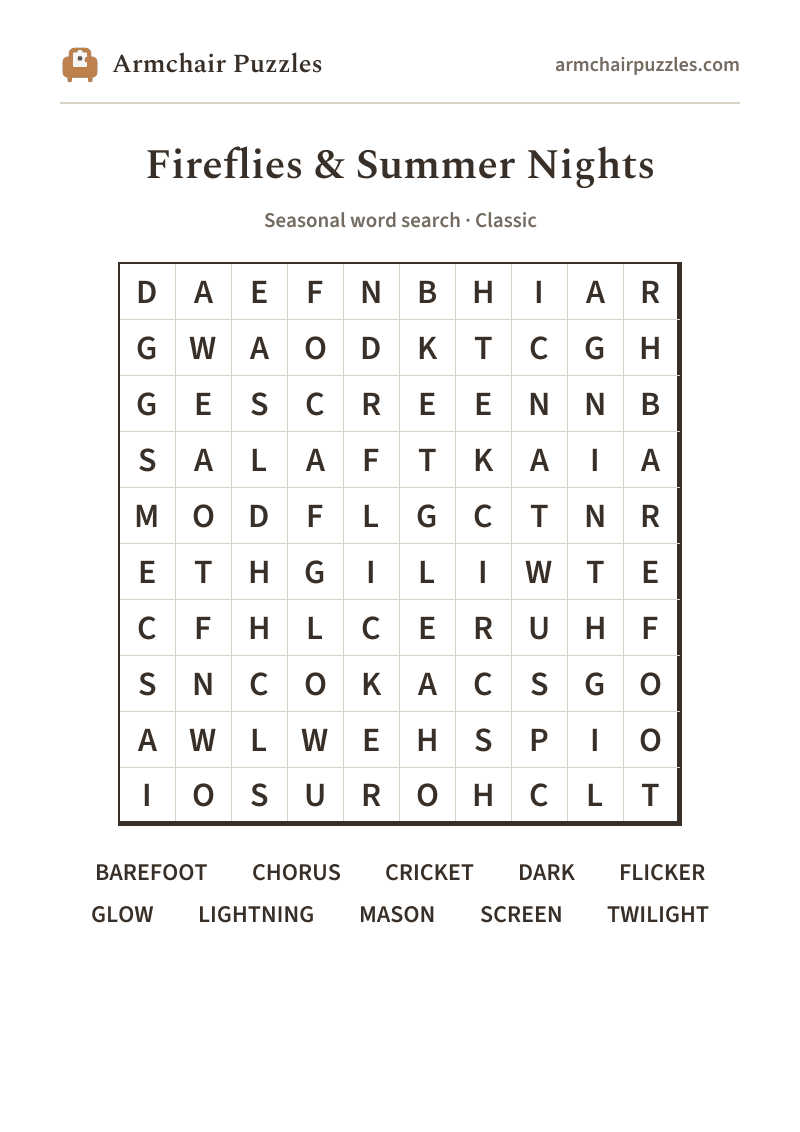 The printable Fireflies & Summer Nights word search sheet