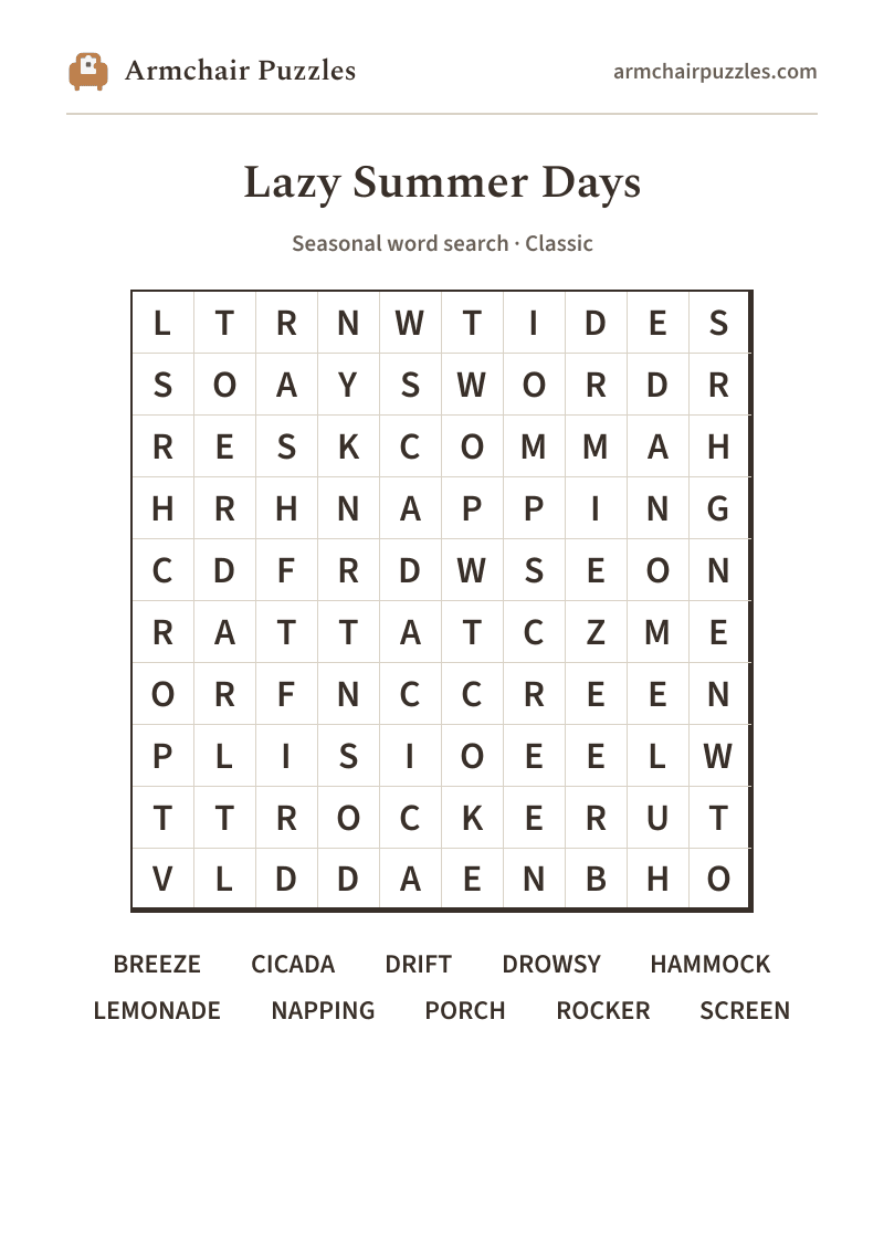 The printable Lazy Summer Days word search sheet in large print