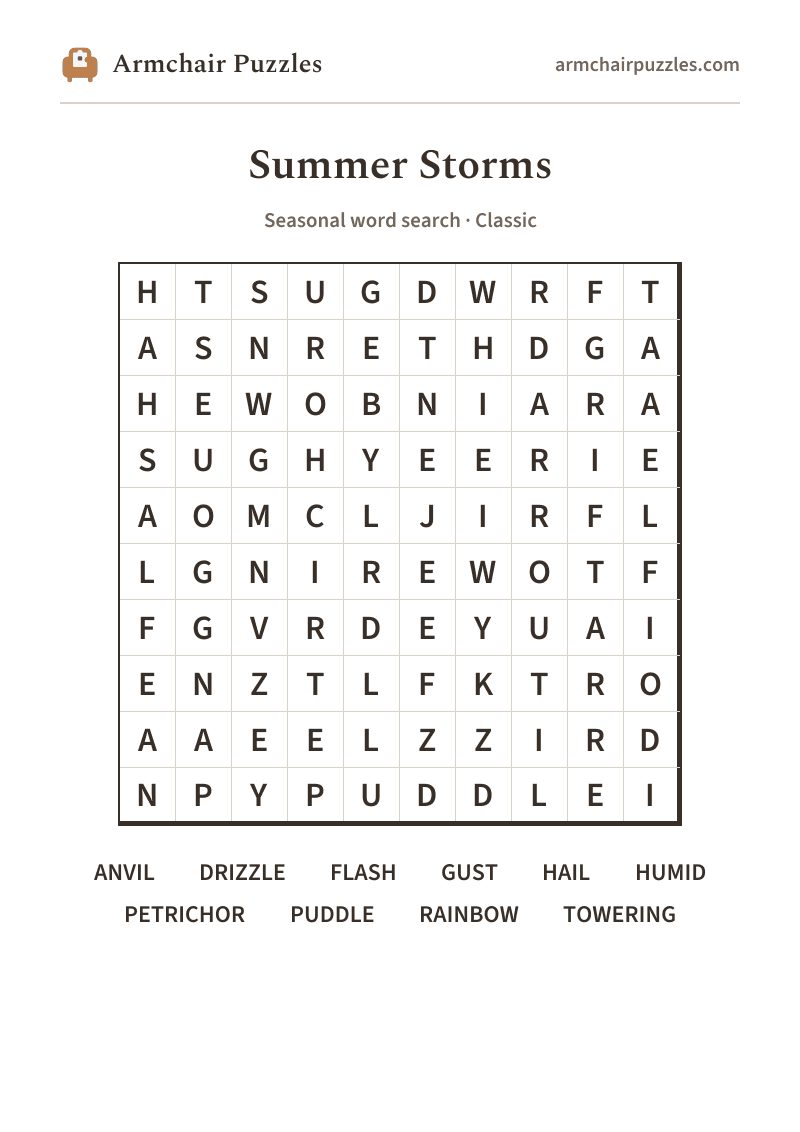The printable Summer Storms word search sheet