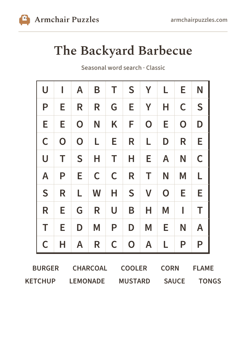 The printable The Backyard Barbecue word search sheet