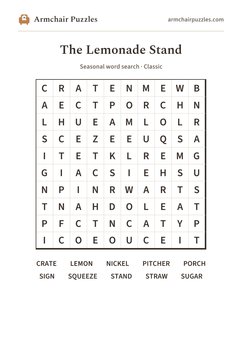 The printable The Lemonade Stand word search sheet