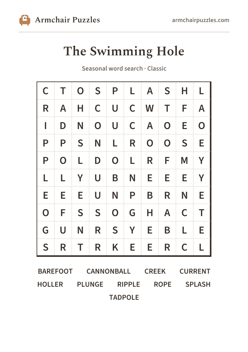 The printable The Swimming Hole word search sheet