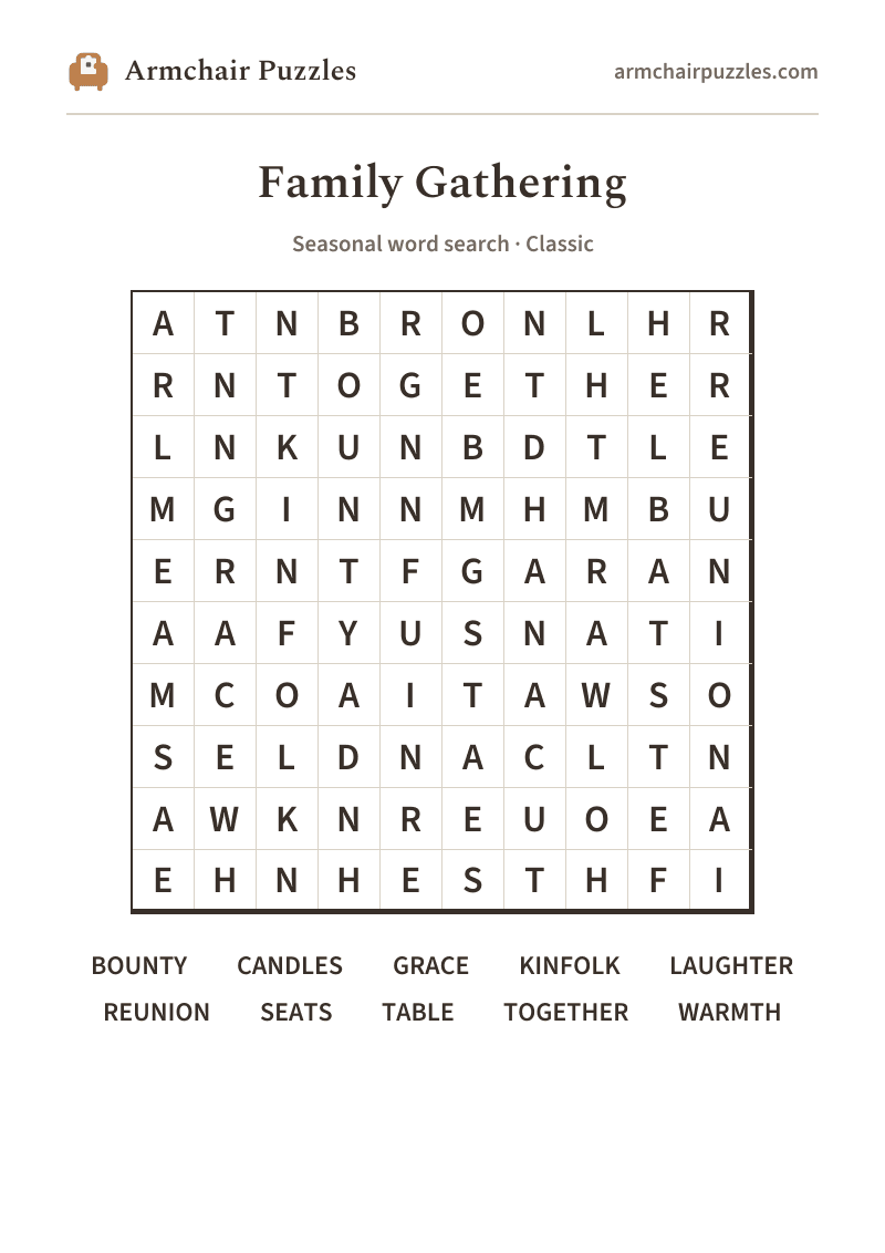 The printable Family Gathering word search sheet in large print