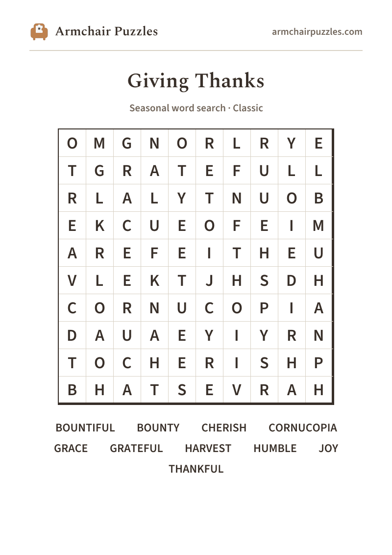 The printable Giving Thanks word search sheet