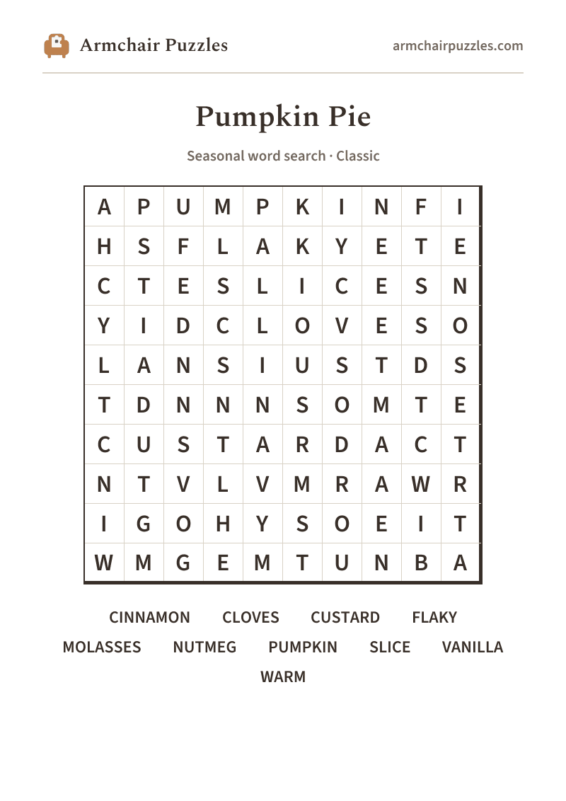 The printable Pumpkin Pie word search sheet