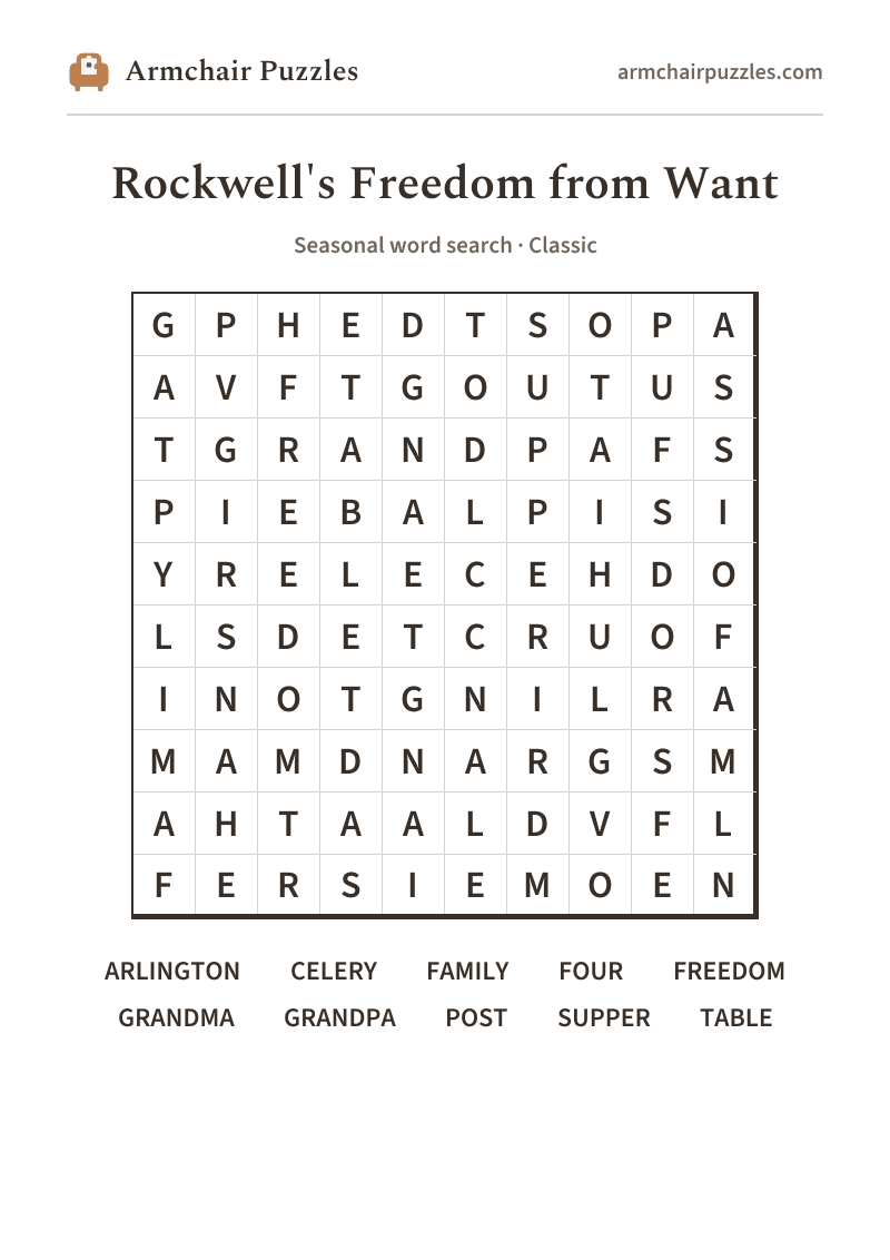 The printable Rockwell's Freedom from Want word search sheet
