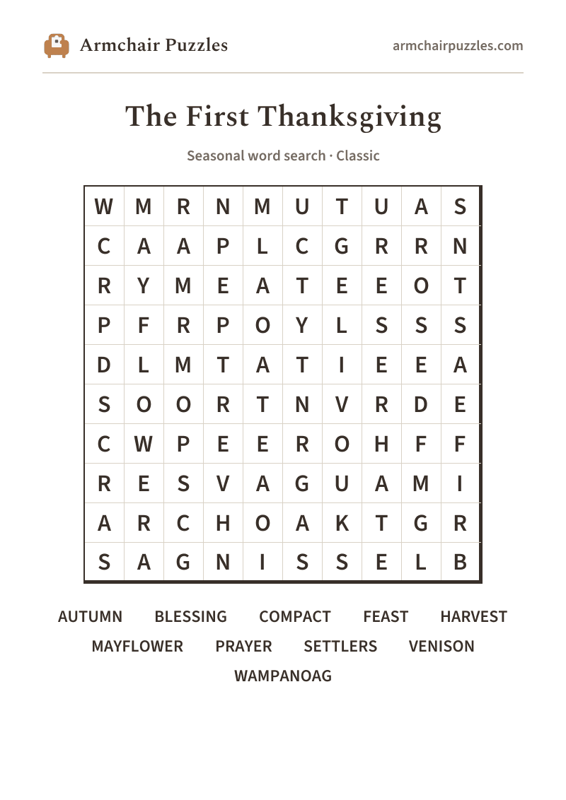 The printable The First Thanksgiving word search sheet