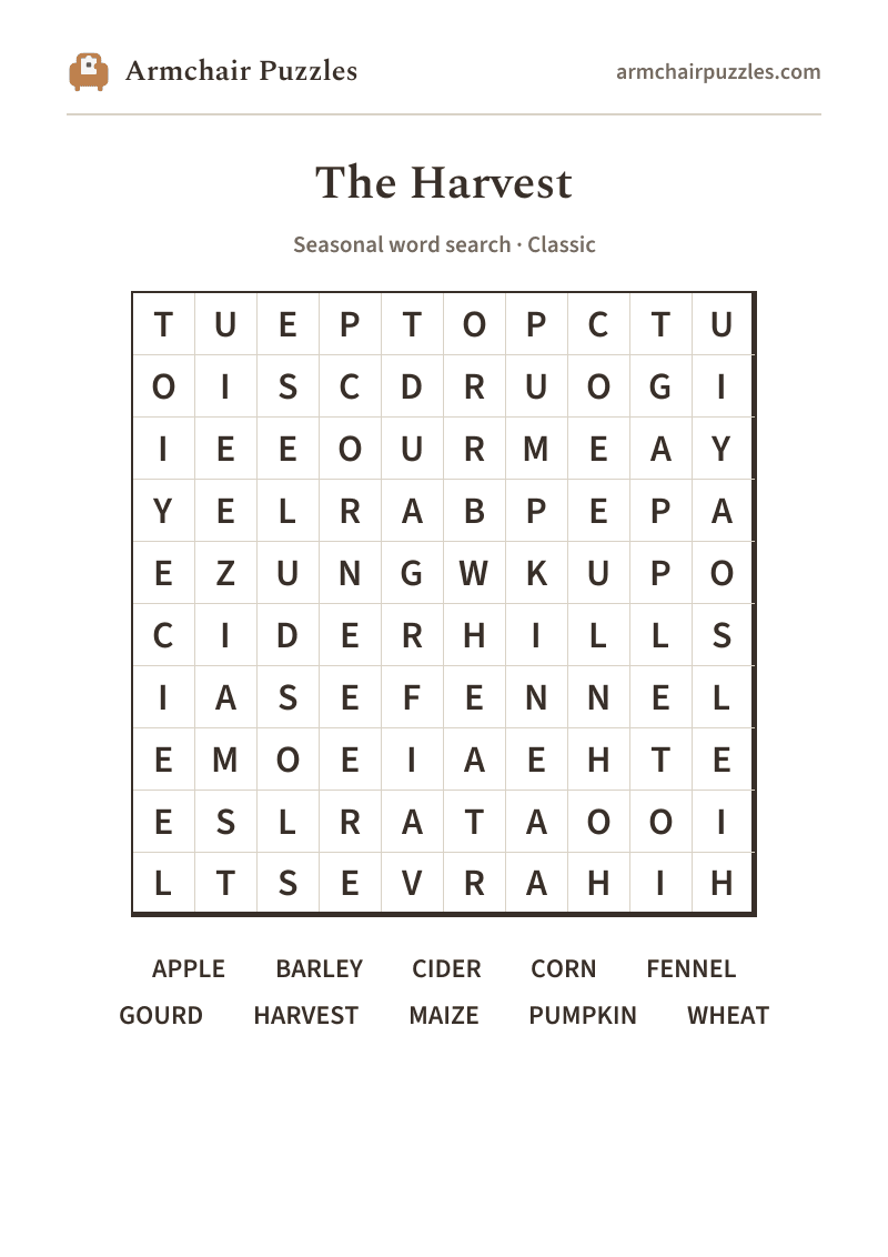 The printable The Harvest word search sheet