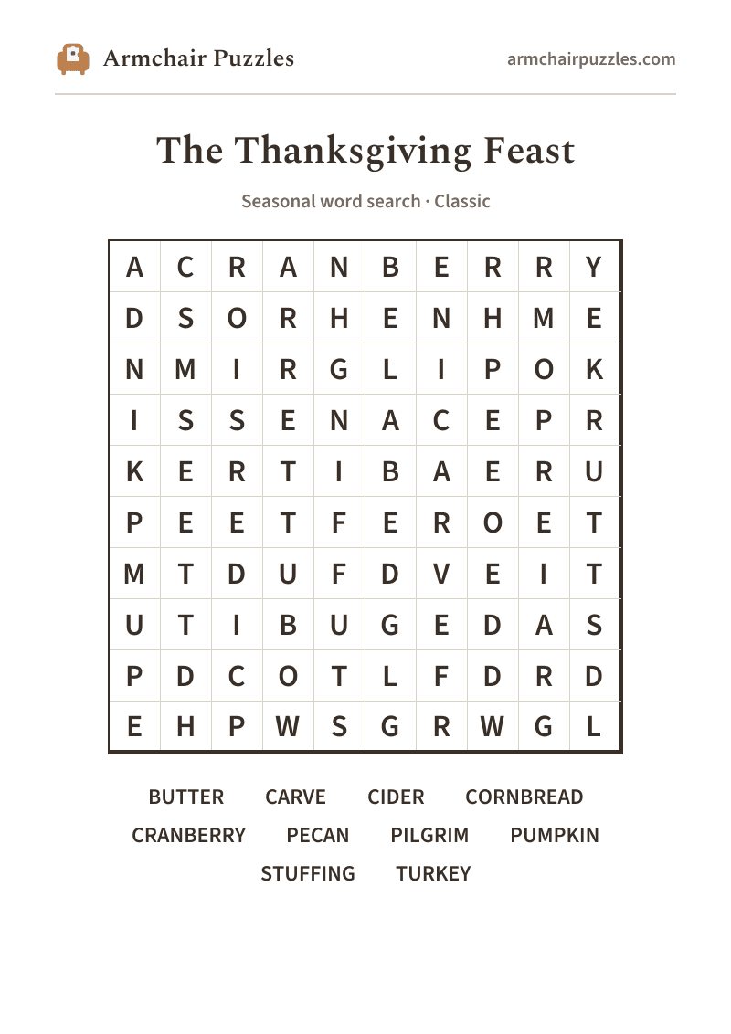 The printable The Thanksgiving Feast word search sheet